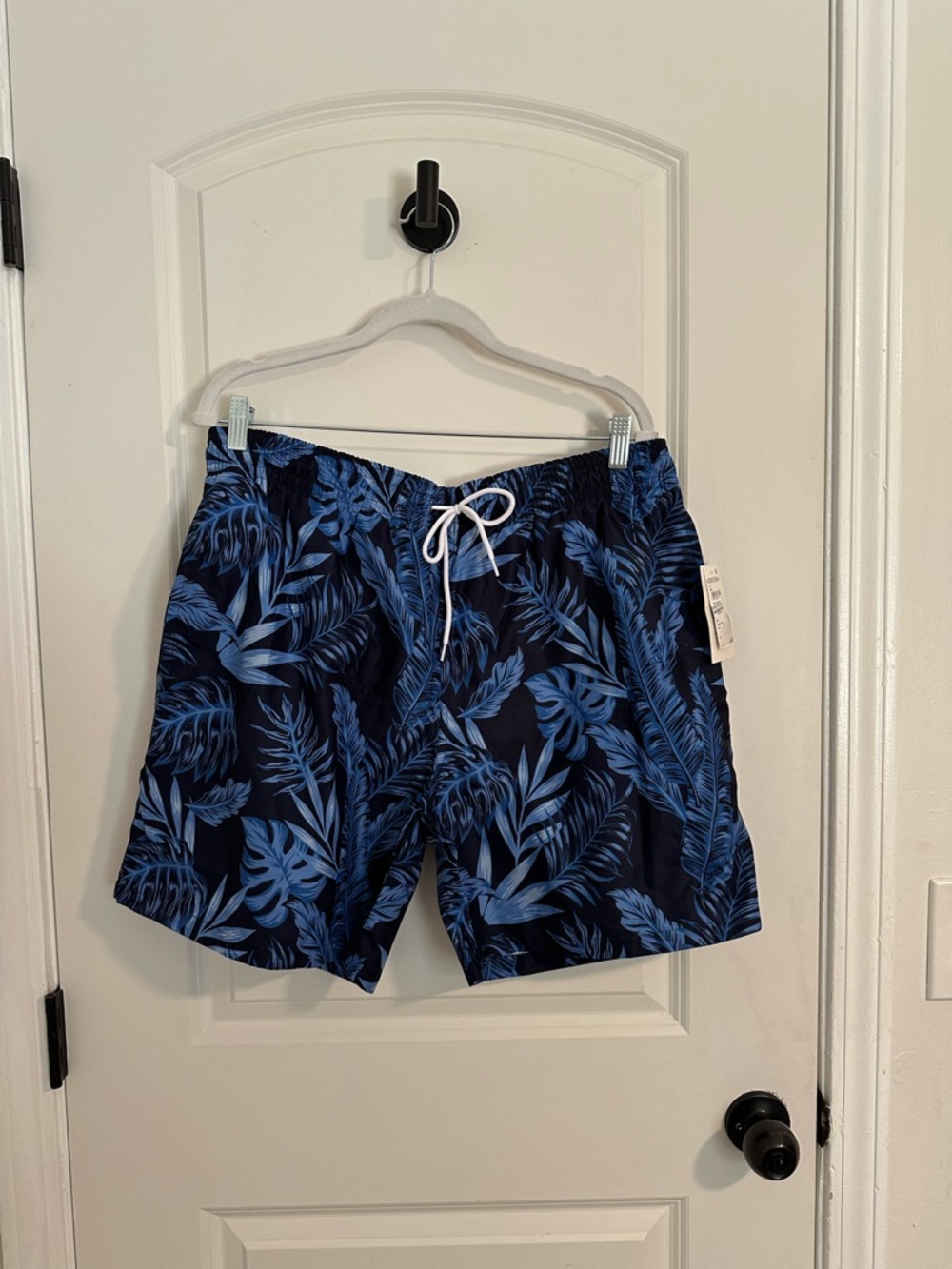 Men's Navy Swim Trunks with Blue Tropical Leaf Pattern